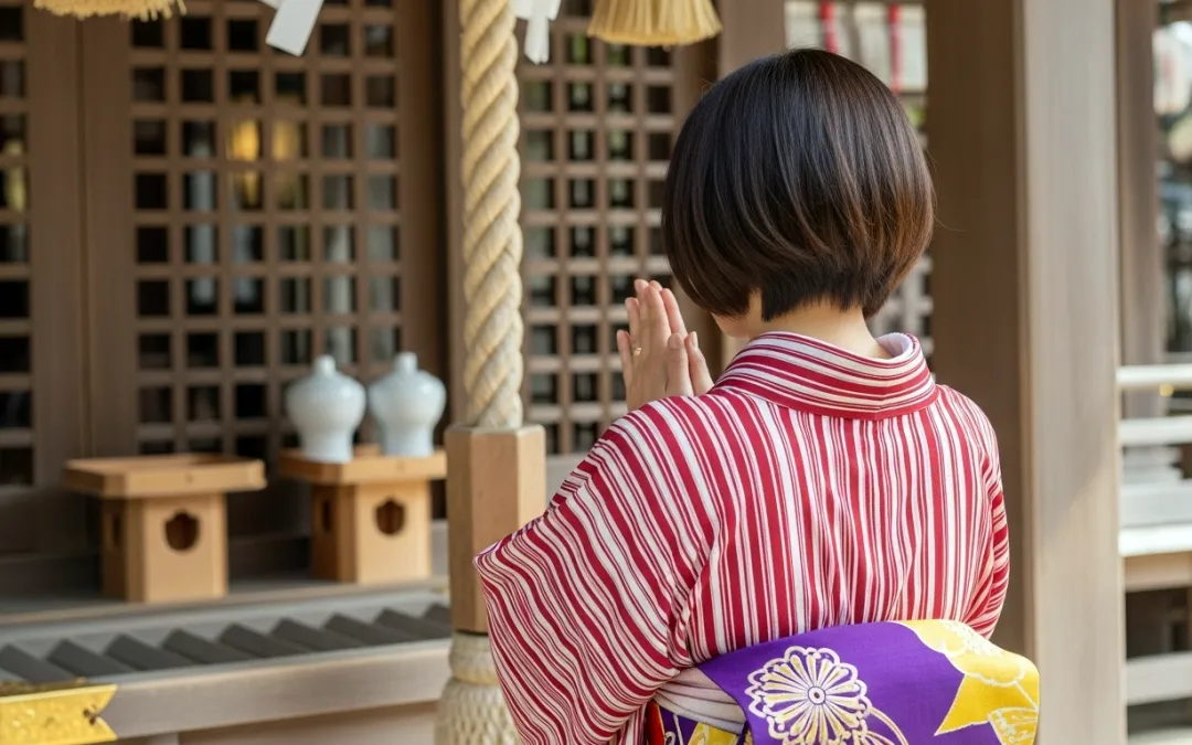 拝殿前で参拝