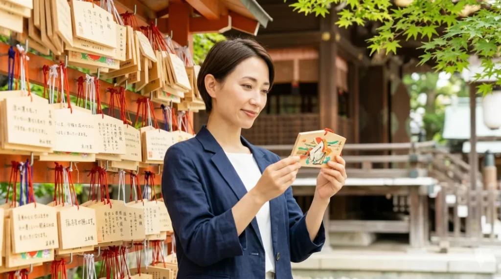 神社の絵馬掛けの前で、授かったばかりの新しい絵馬を大切そうに両手で持つ日本人女性。
