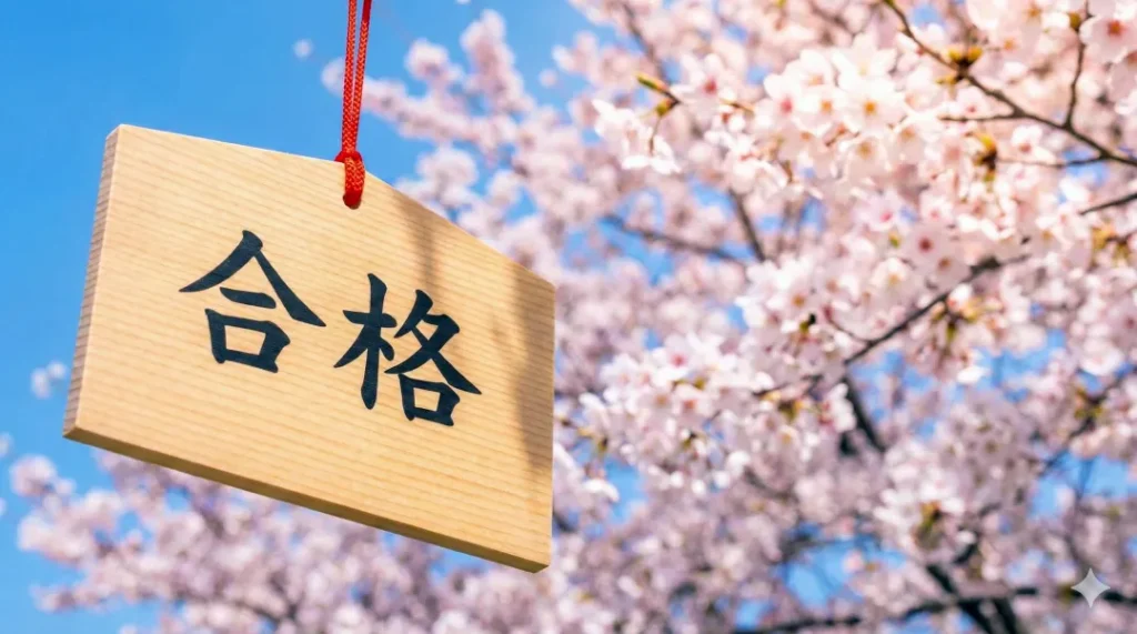 合格祈願の絵馬と満開の桜