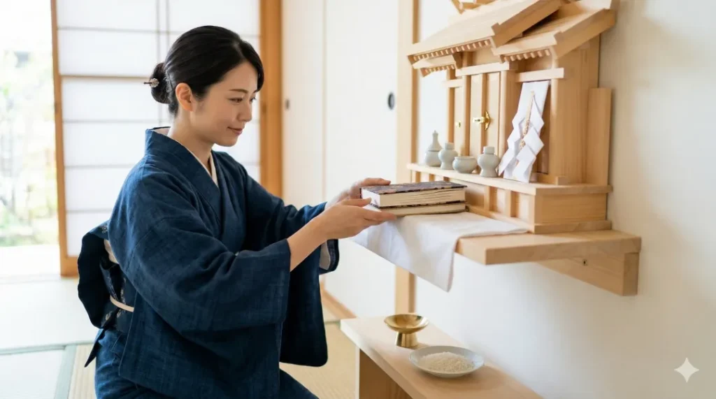 神棚に御朱印帳を安置する日本人女性