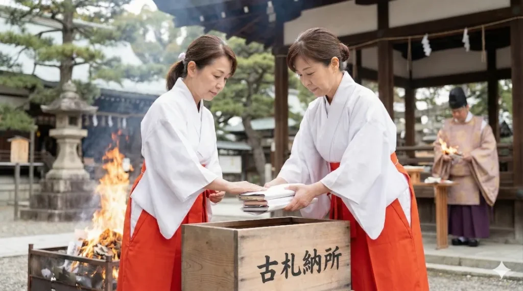 神社でお焚き上げ供養される御朱印帳と巫女