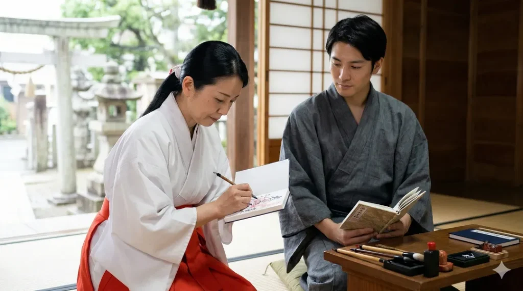 神社とお寺の御朱印帳を使い分ける日本人男性と巫女