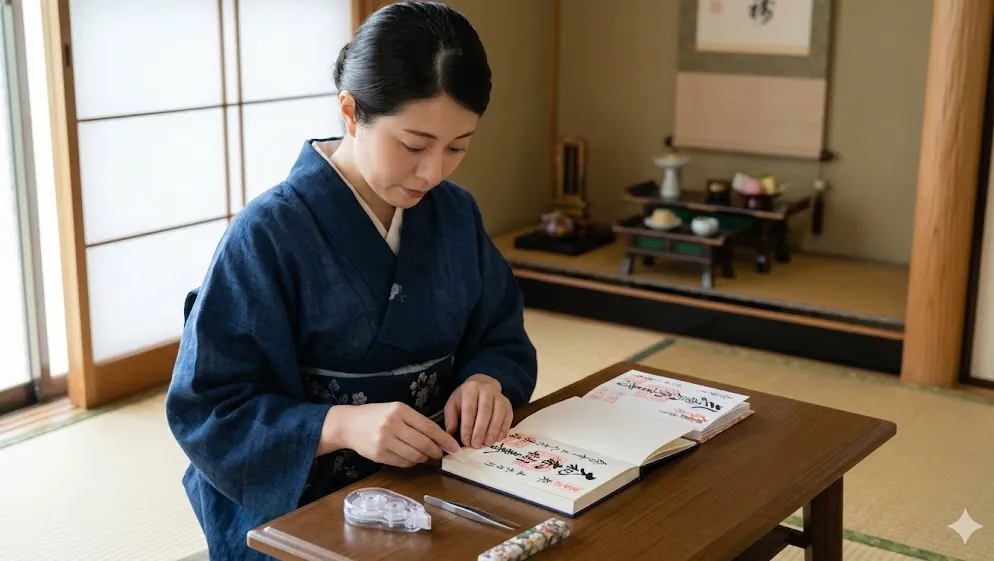 書き置き御朱印をシワにならずに貼る日本人女性とテープのり