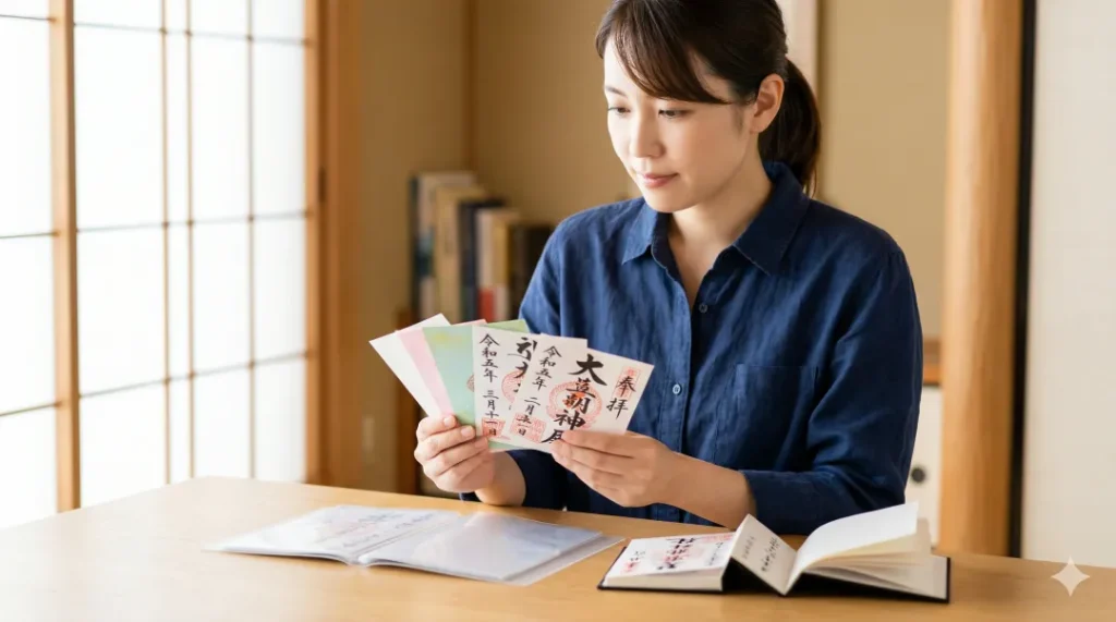 デスクで書き置き御朱印ホルダーと御朱印帳を前に保管方法を考える様子。