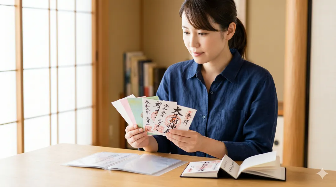 デスクで書き置き御朱印ホルダーと御朱印帳を前に保管方法を考える様子。