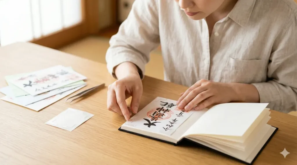 御朱印帳にコーナーシールを使って、書き置き御朱印を剥がせる貼り方で固定している様子。