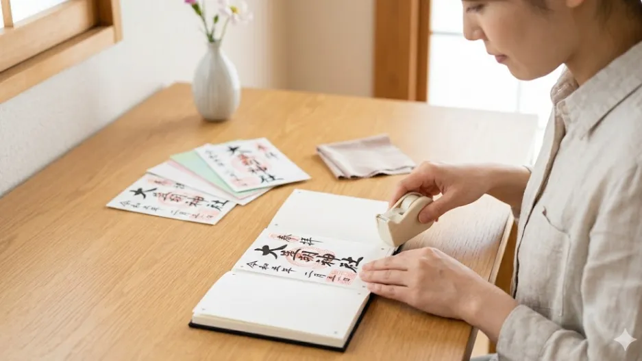 御朱印帳にテープのりを使って書き置き御朱印をシワなくきれいに貼っている様子。