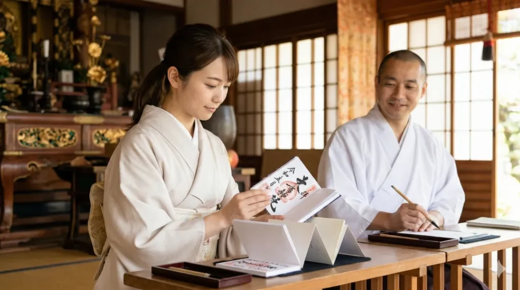 伝統的な和室で御朱印帳を見つめる日本人女性と、筆を持つ穏やかな神職。静かな光の中で御朱印が授与される瞬間の様子。