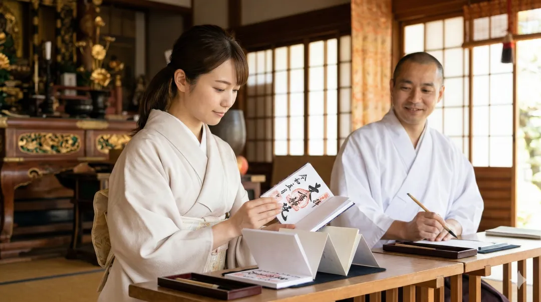 伝統的な和室で御朱印帳を見つめる日本人女性と、筆を持つ穏やかな神職。静かな光の中で御朱印が授与される瞬間の様子。