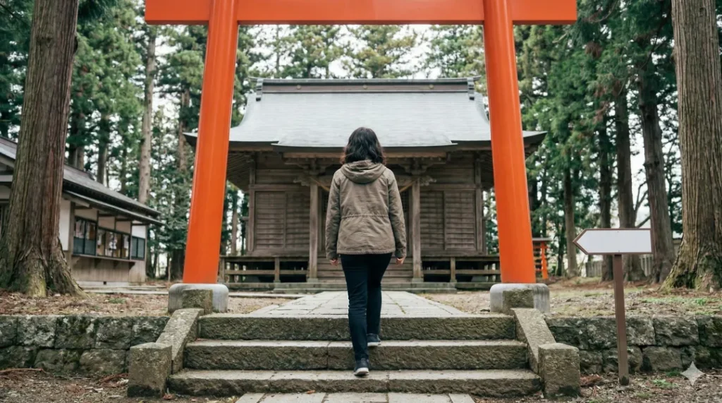 石段を登り、朱い鳥居をくぐって神社の拝殿へ向かう日本人女性の後ろ姿。授与所へ行く前にまず参拝をする、正しい手順を表している。