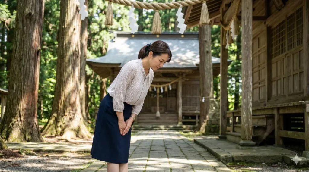 神社拝殿前で深く一礼する日本人女性。木漏れ日の中で、神聖な静寂さと誠実な祈りの姿勢が描写されている。