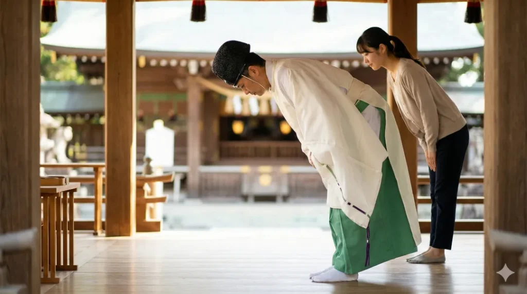 神社で神職が90度の深いお辞儀（拝）を実演し、日本人女性が真剣に見守る様子。背筋が真っ直ぐな姿勢の正確さを強調している。