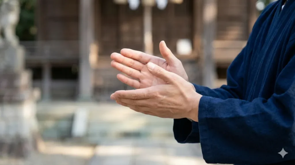神社で柏手を打つ日本人男性の手元のアップ。手のひらを少しふくらませ、美しい音を響かせるための「空気の層」を強調している。