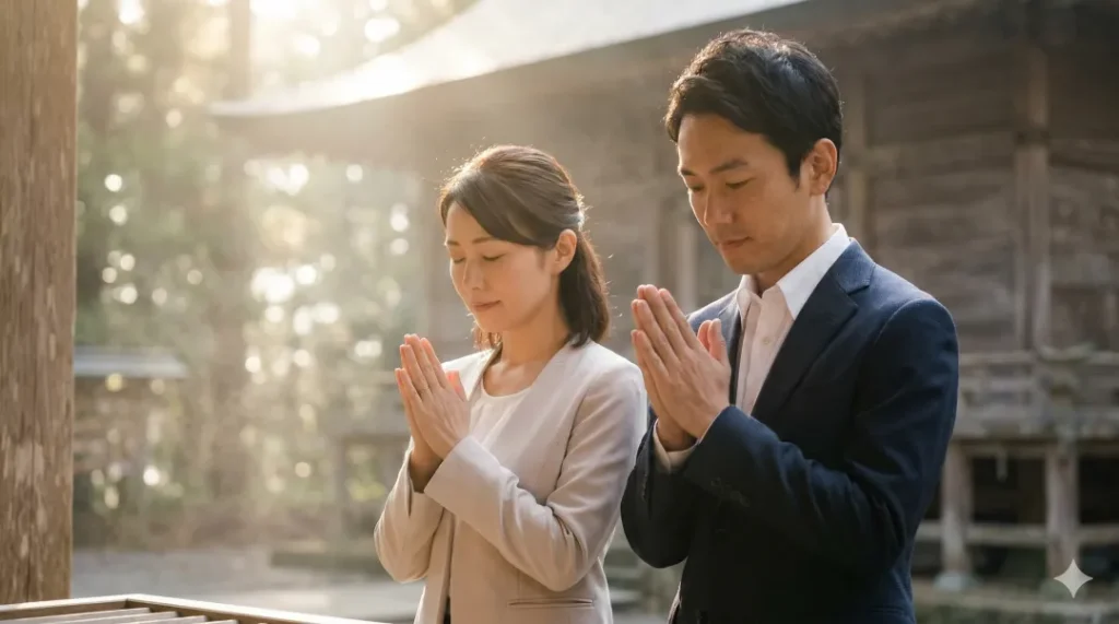神社で柏手を打ち終え、右手を戻して両手を合わせる日本人夫婦。静寂な木漏れ日の中で、真摯な祈りの瞬間を強調している。