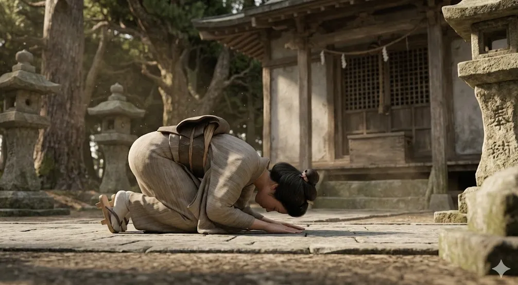 江戸時代の古い神社で、地面にひざまずき深く頭を下げて祈る日本人女性。現代とは異なる、野性的で自由な参拝スタイルを歴史的考証に基づき描写している。