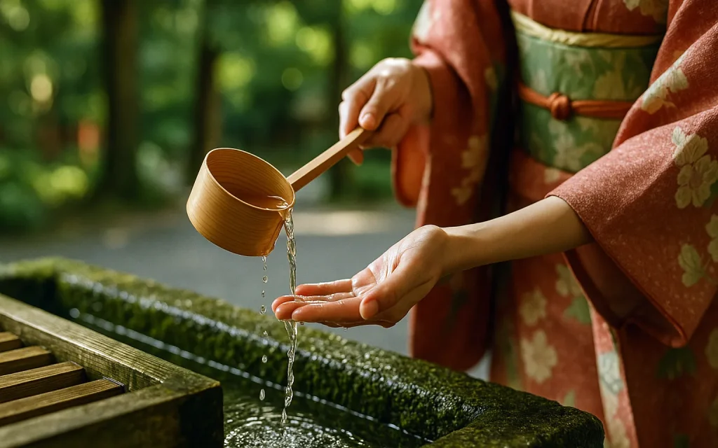 和服の女性の手水