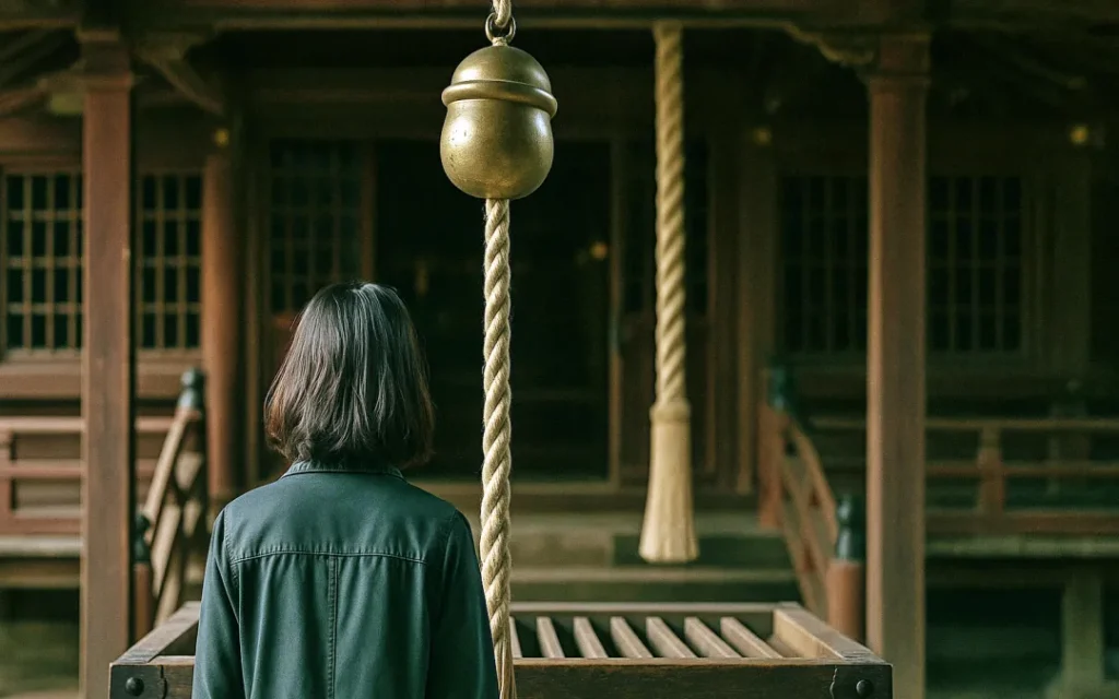 日本の神社の拝殿前で、日本人の女性参拝者が、お賽銭が先か、鈴が先か迷っている様子。