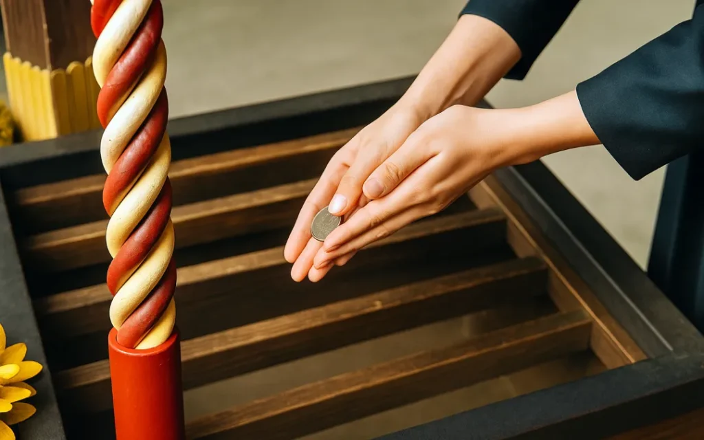 日本の神社で、日本人参拝者が、感謝の供物であるお賽銭を、賽銭箱の目の前まで進み、そっと静かに納める正しい作法(投げるのではない)の様子。