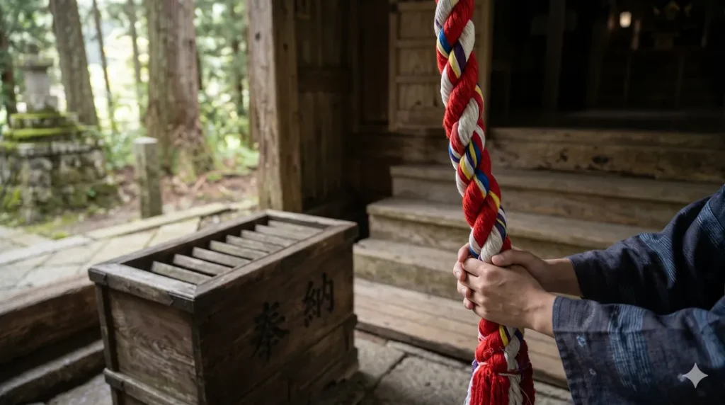 日本の神社の拝殿で、男性参拝者が、鈴緒を両手で持ち、力みすぎず上下に優しく揺らして本坪鈴を澄んだ音色で鳴らすコツを実践している様子。