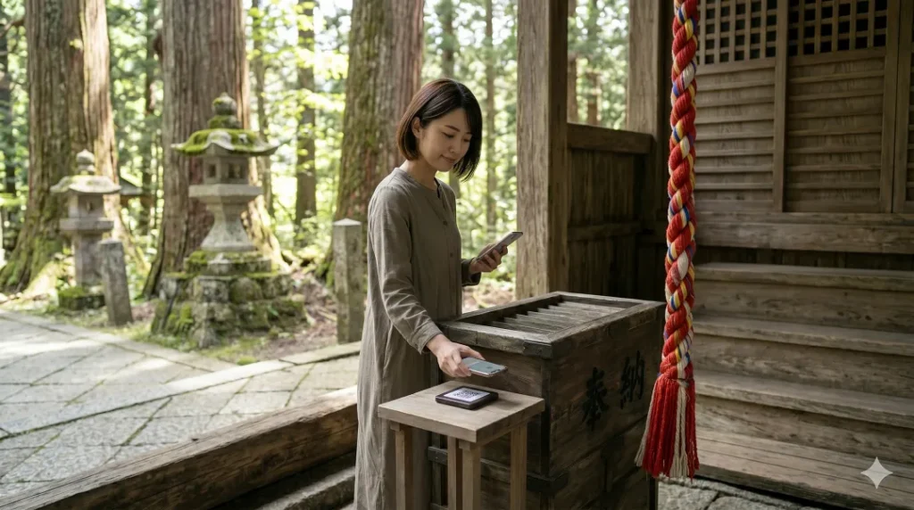 日本の伝統的な神社の拝殿前で、日本人女性参拝者が、木製の伝統的なお賽銭箱の横に設置されたQRコード決済端末にスマートフォンをかざして、感謝の気持ちをキャッシュレスでお供えしている、現代と伝統が融合した風景。