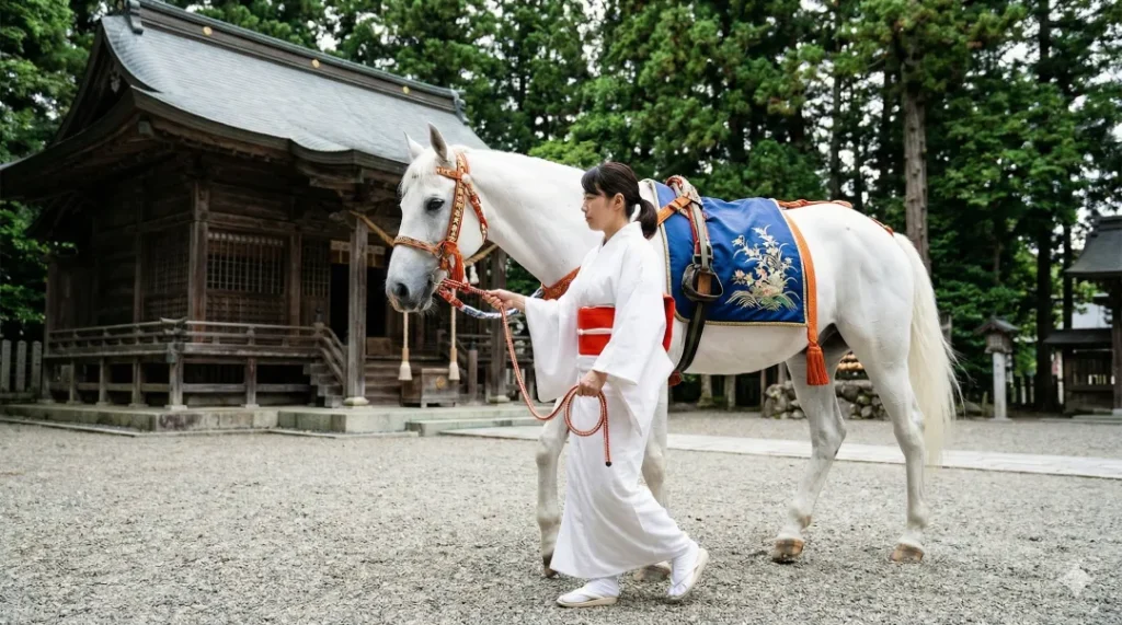 神社に奉納される白毛の神馬と、それを引く巫女の姿。絵馬の由来となった神聖な儀式をイメージした風景。