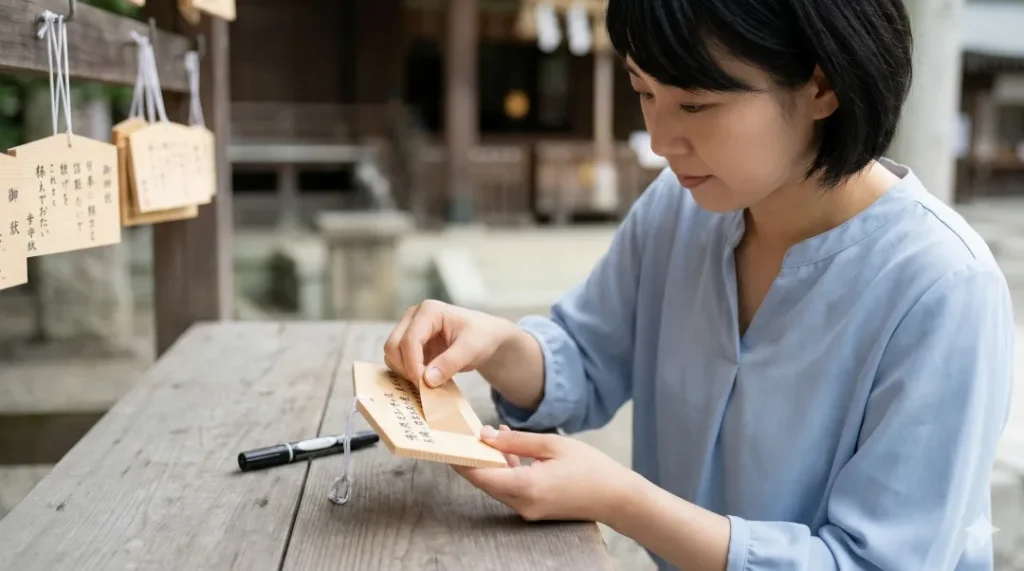 神社で絵馬の個人情報部分にプライバシーシールを貼る日本人の女性。手元が強調された構図。