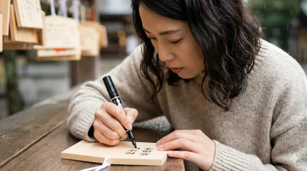 雨が降る神社で、油性マジックを使い、木製の絵馬に願い事を書き込む日本人の女性。ペン先が強調されている。
