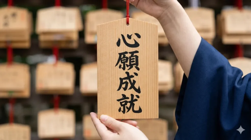 日本人の女性の手元。神社で、四字熟語の「心願成就」が太く墨書きされた木製の絵馬が、他の絵馬を背景に掛けられている様子。