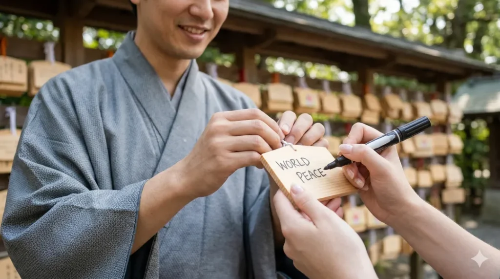 神社で、日本人の男性が外国人の女性に、英語で書かれた絵馬の掛け方を優しく教えている手元の様子。