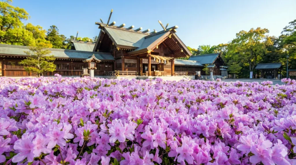 廣田神社社殿とコバノミツバツツジ