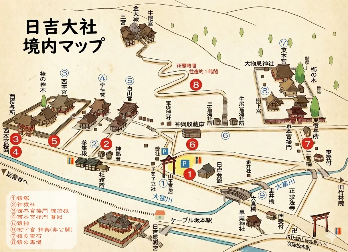 日吉大社の境内図で巡る！歴史や神猿などの見どころと回り方を徹底解説