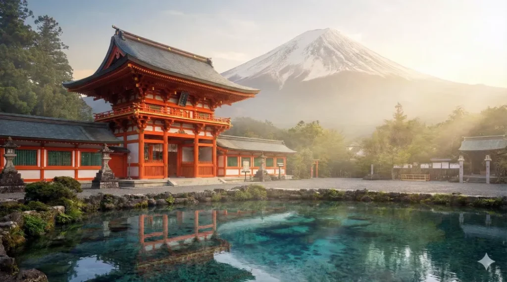 湧玉池と社殿と富士山