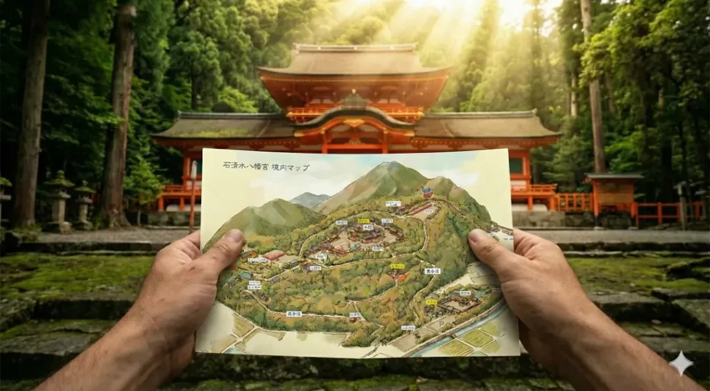 境内マップを見ながら参拝
