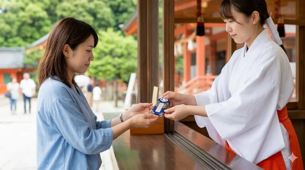 日御碕神社の授与所にて、参拝者が授与所のスタッフから「御神砂守（ごしんさのおまもり）」を受け取る手元。お守りは錦の袋に入っている。