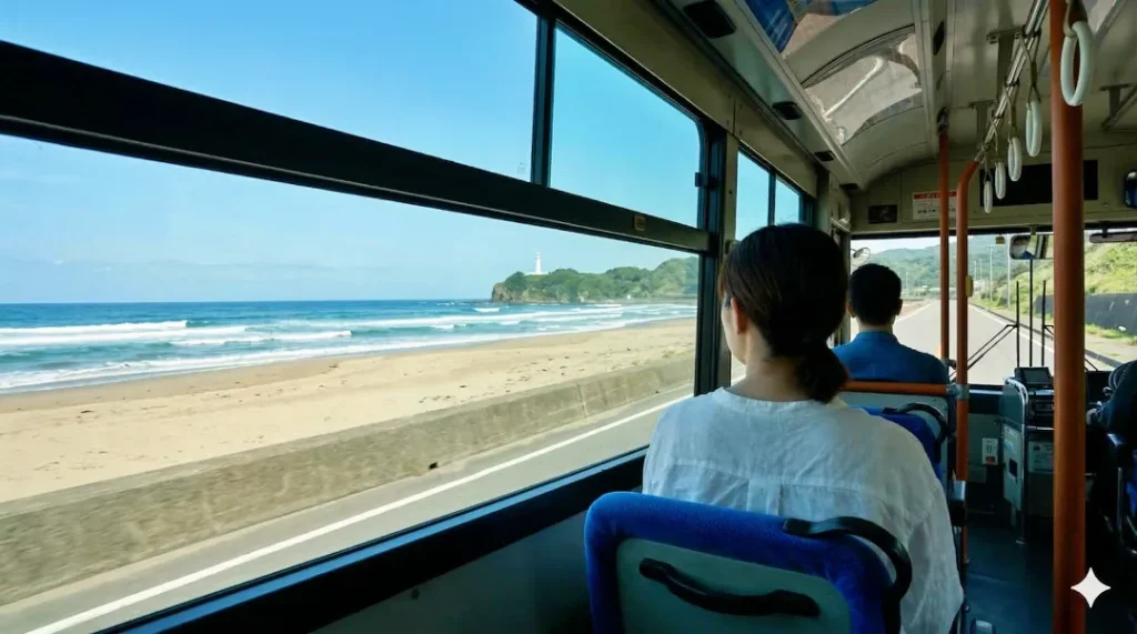 出雲大社から日御碕神社へ向かう路線バスの車窓から。稲佐の浜の海岸線と日本海の荒波、そして彼方へと続く岬の風景が見える。