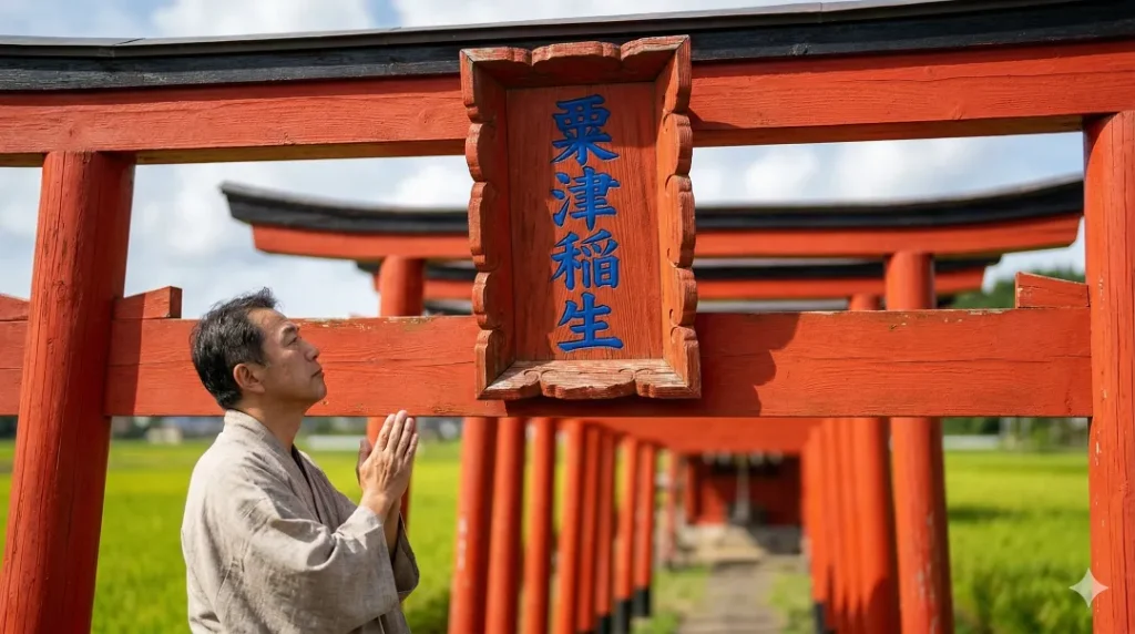粟津稲生神社の鳥居に掲げられた木製の扁額（へんがく）。全国的にも珍しい「粟津稲生（あわづいなり）」の漢字表記。合掌する和服姿の日本人男性。