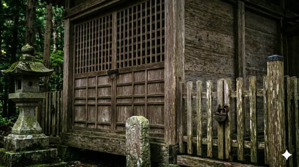 神魂神社本殿の横にある、古く錆びた鍵がかかった小さな木製の柵。出雲国造が極秘で行った裏の祭祀の秘密と歴史的ミステリーを暗示する閉鎖的な空間（イメージ）