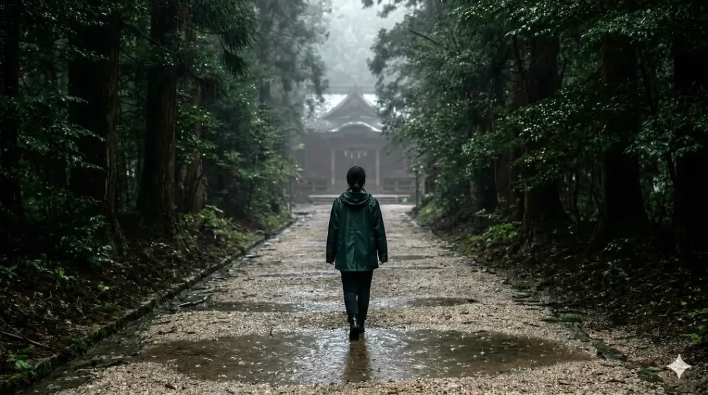雨に濡れる神魂神社の静寂な境内と、遠くに霞む本殿。深い霧と孤独感の中、一人の日本人女性参拝者が静かに佇む。「呼ばれる」不思議体験を予感させる光景。