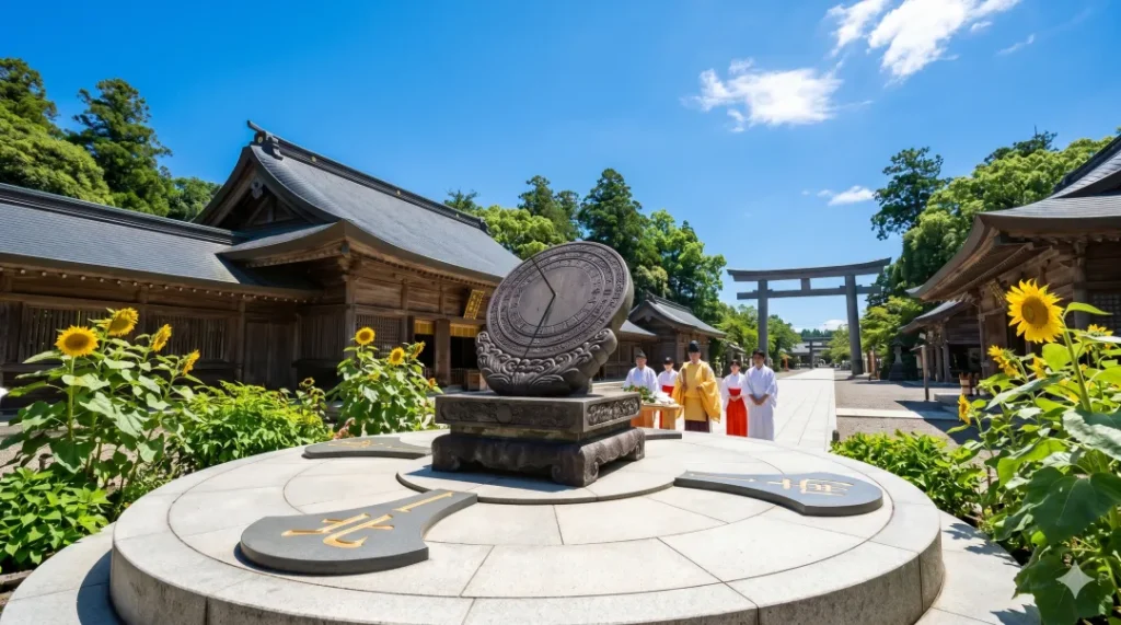 午年の御船祭が持つ「陽の気」を象徴する、真南の方角を指し、正午の太陽光を垂直に受ける鹿島神宮境内の古代の日時計と、儀式を行う神職たち。
