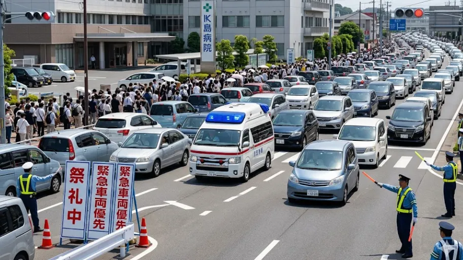 御船祭の渋滞中、鹿島病院周辺の交差点で緊急走行する救急車に対し、一般車両が協力的かつ速やかに道を譲る様子。交通誘導員と看板が緊急車両優先を周知している。
